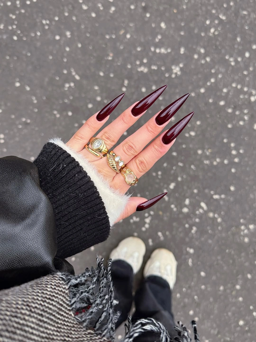 Long nude square nails with black white spotted panels and tiny accents