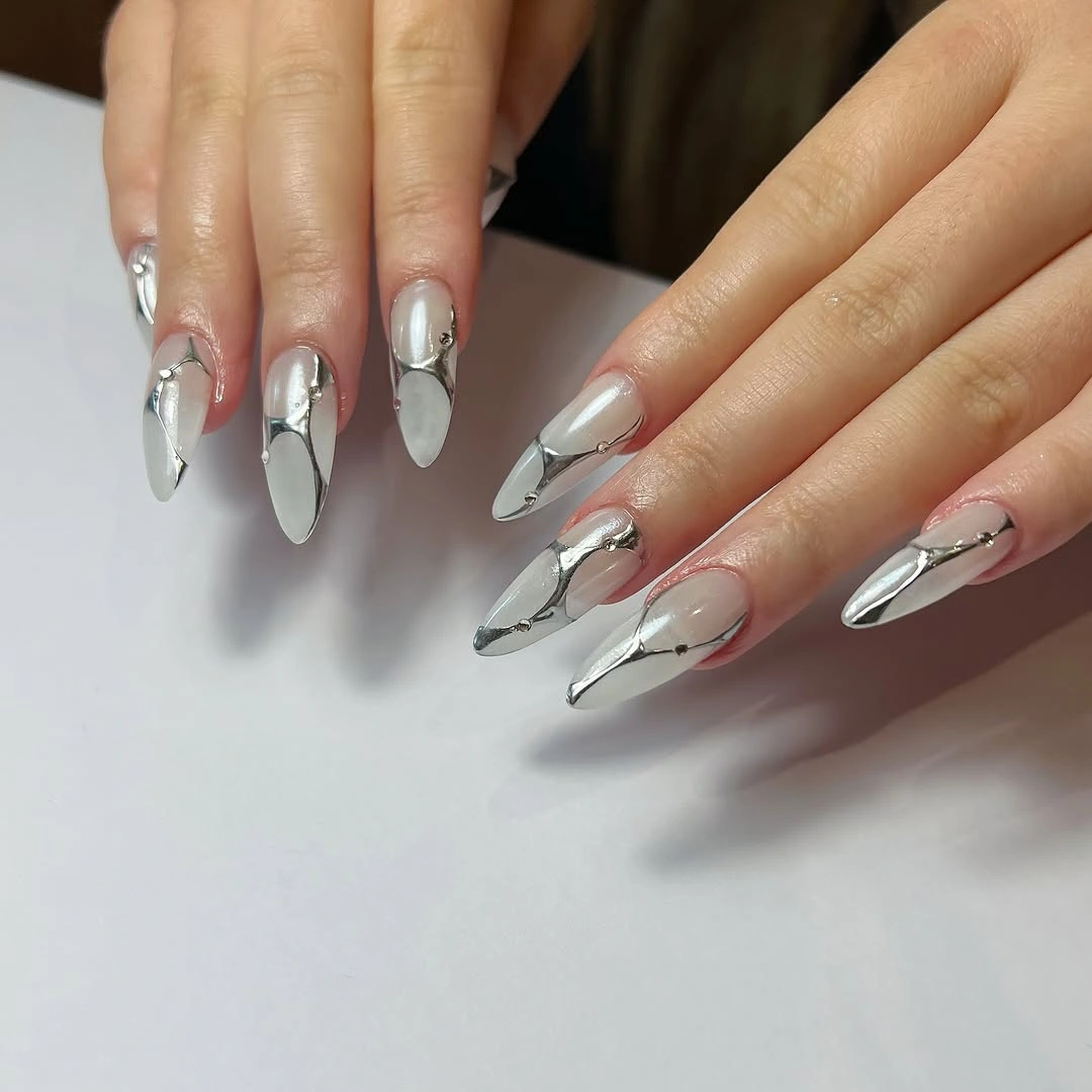 Long square cocoa and nude nails with gold lines and autumn accents