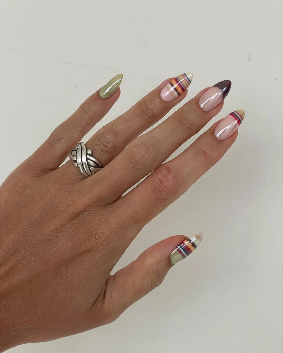 Plaid French tips with sage and burgundy nails