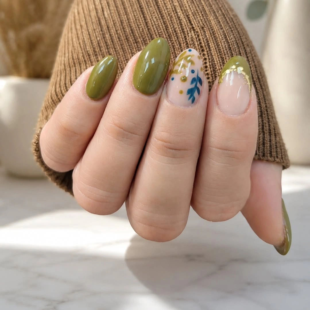 Olive short nails with botanical nude accents