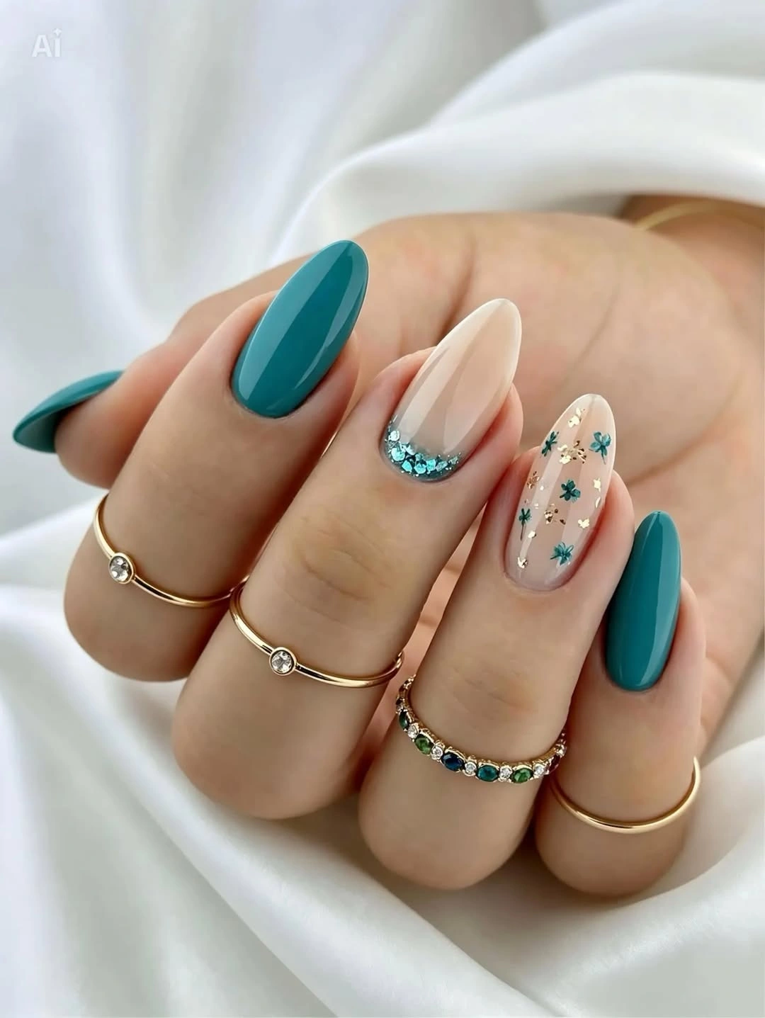 Teal almond nails with nude floral accents
