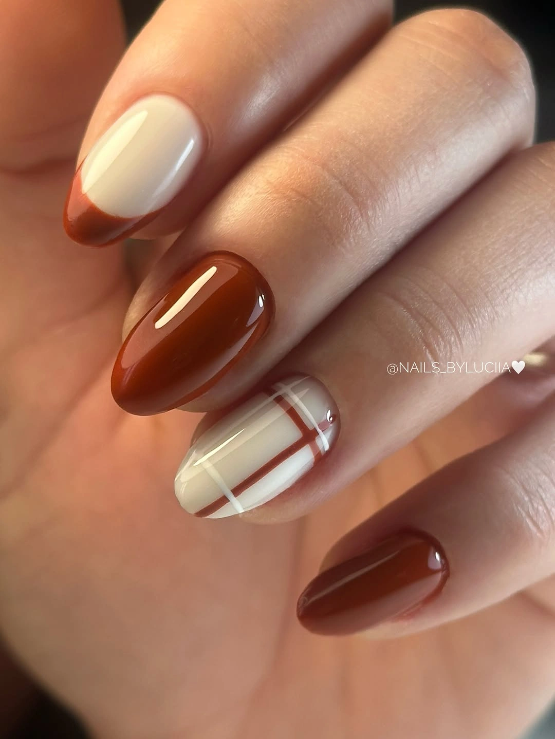 Chocolate brown nails with a creamy plaid accent