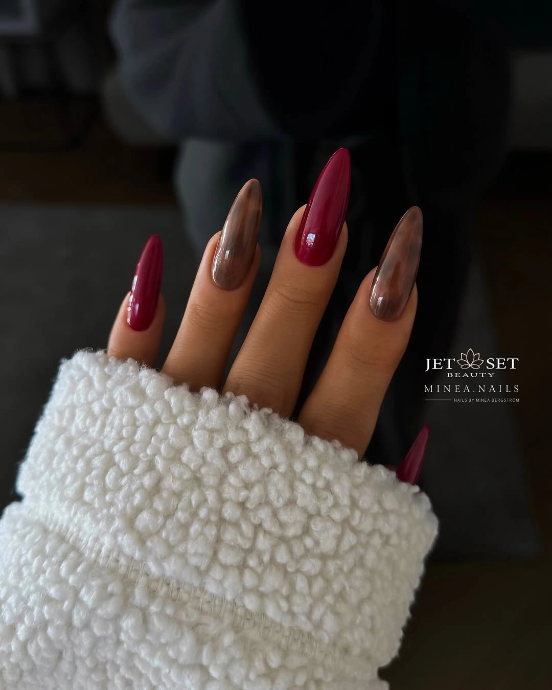 Burgundy taupe and bronze almond fall nail colors