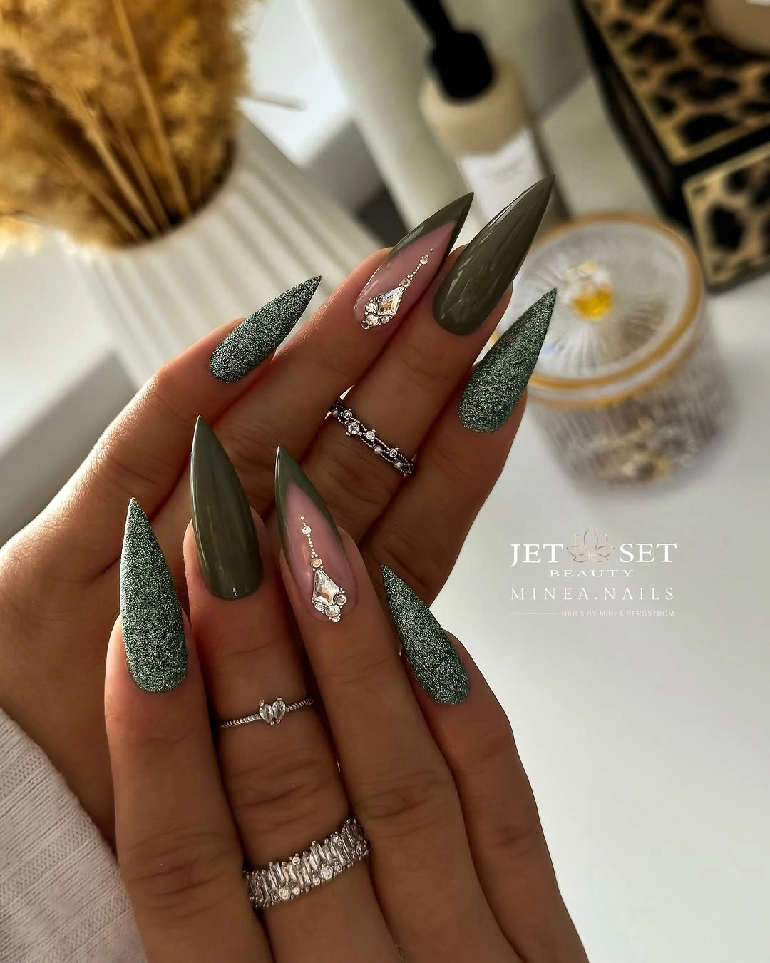 Textured dark green olive stiletto fall nails