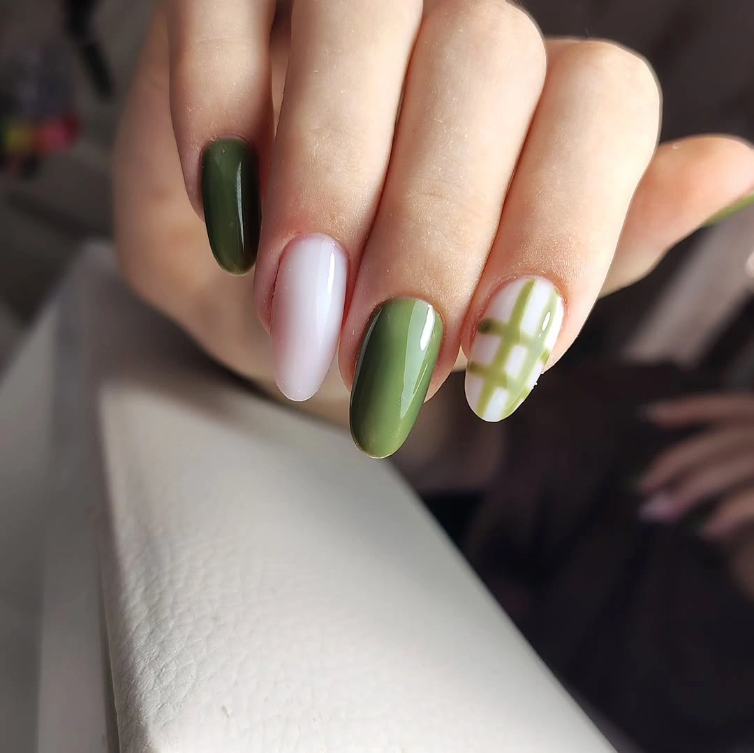 Medium almond olive green and ivory checkerboard nails