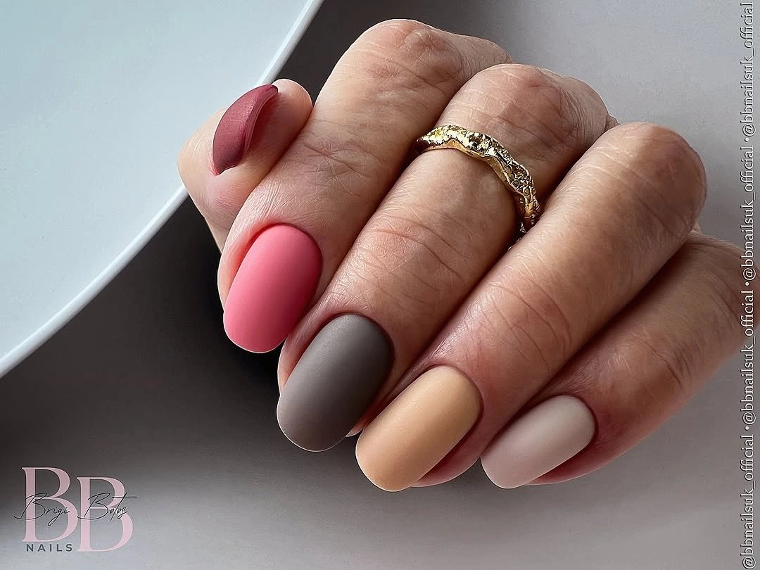 Muted autumn nails in rose brown mustard beige and gray tones
