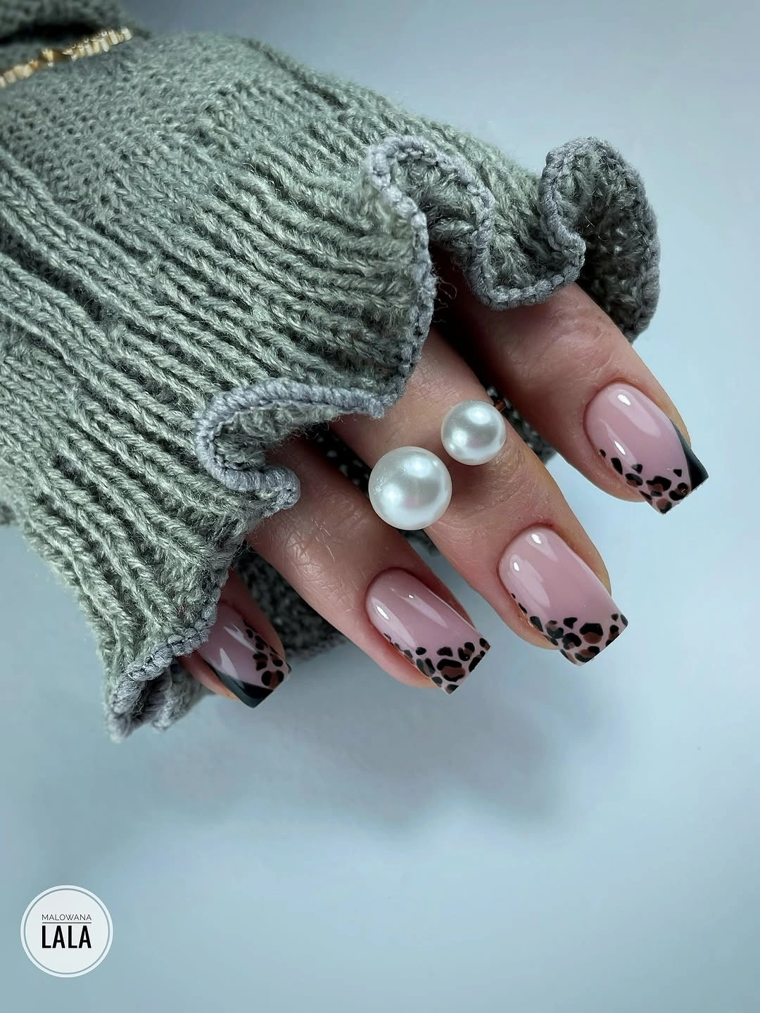 Glossy square nails with animal spot French tips