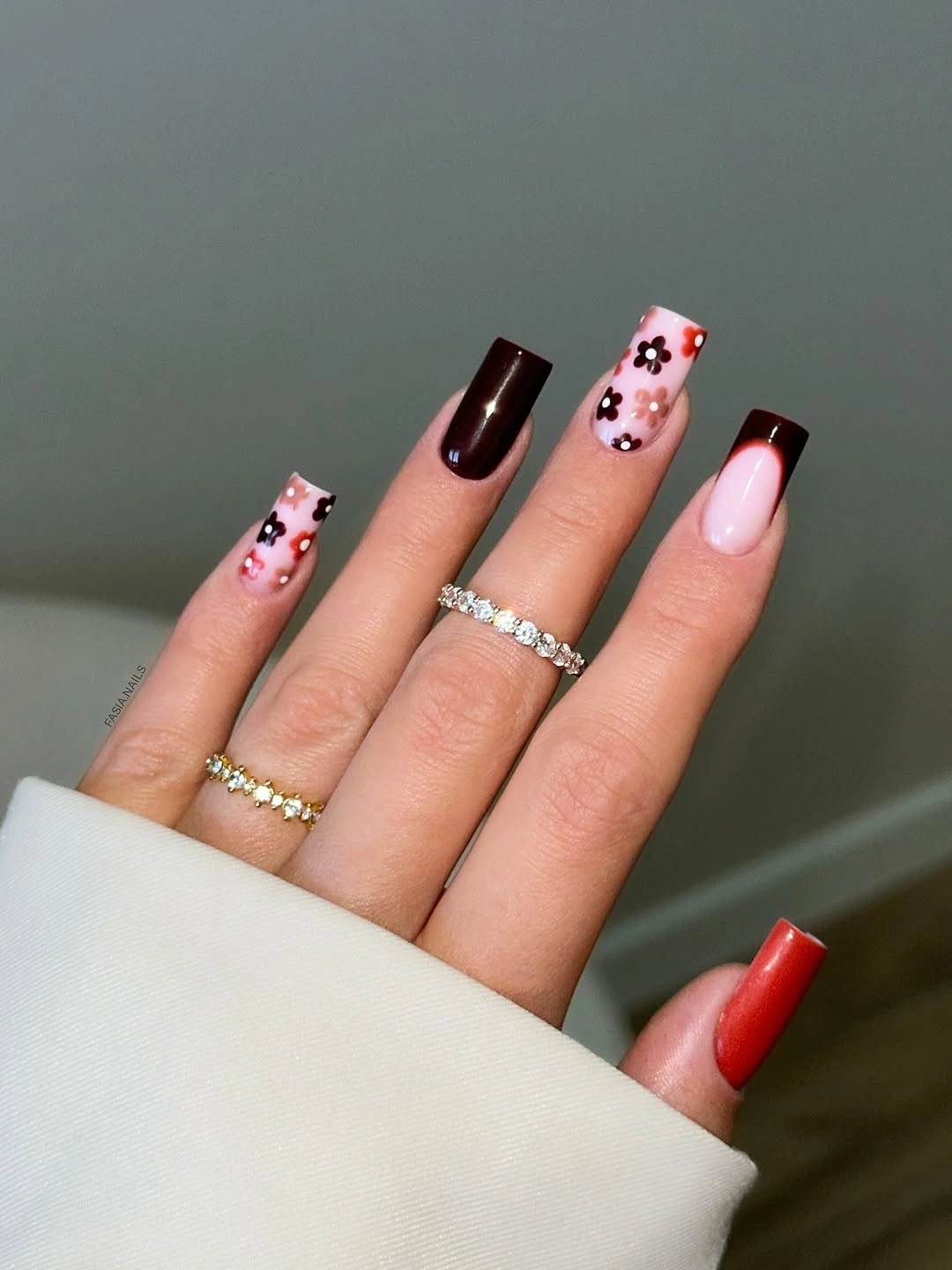 Medium square nails with brown red and florals