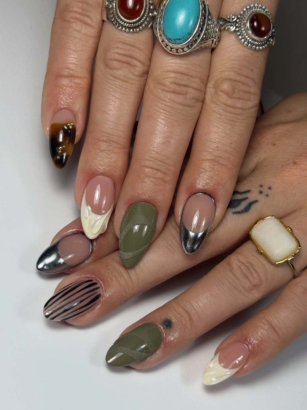 Eclectic olive almond nails with mixed fall accents