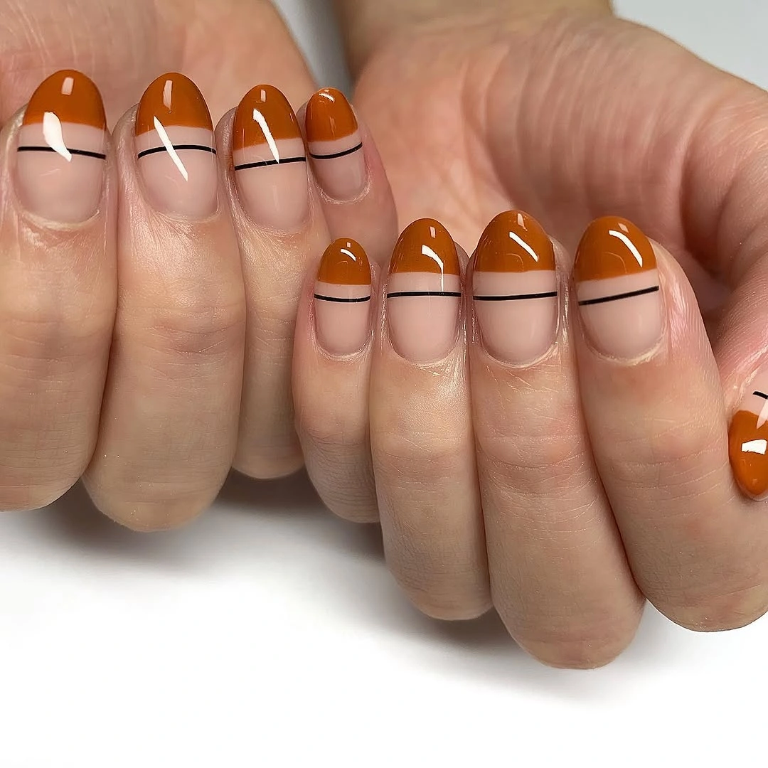 Medium square nails with brown cream and thin French bands