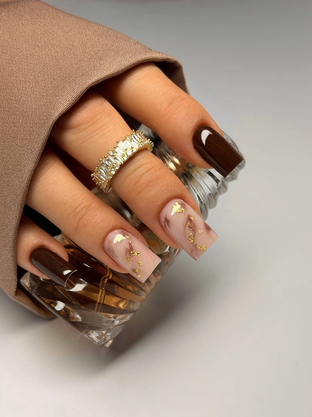 Medium square espresso nails with nude copper and red accents