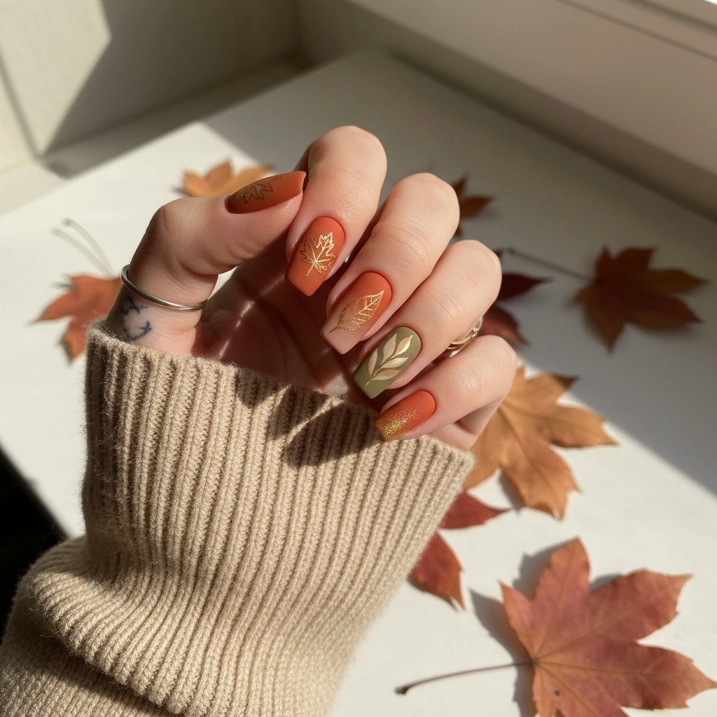 Medium almond sage blush nails with dimensional swirls and dots