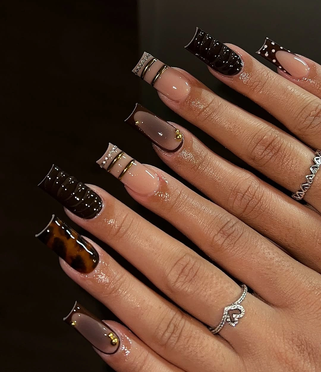 Glossy tortoise square nails with gold accents