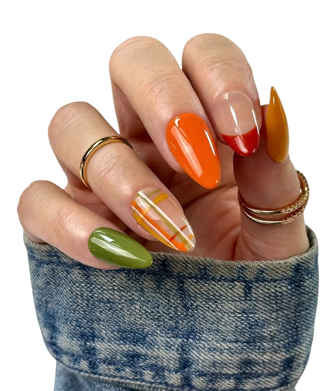 Olive orange plaid almond fall nails
