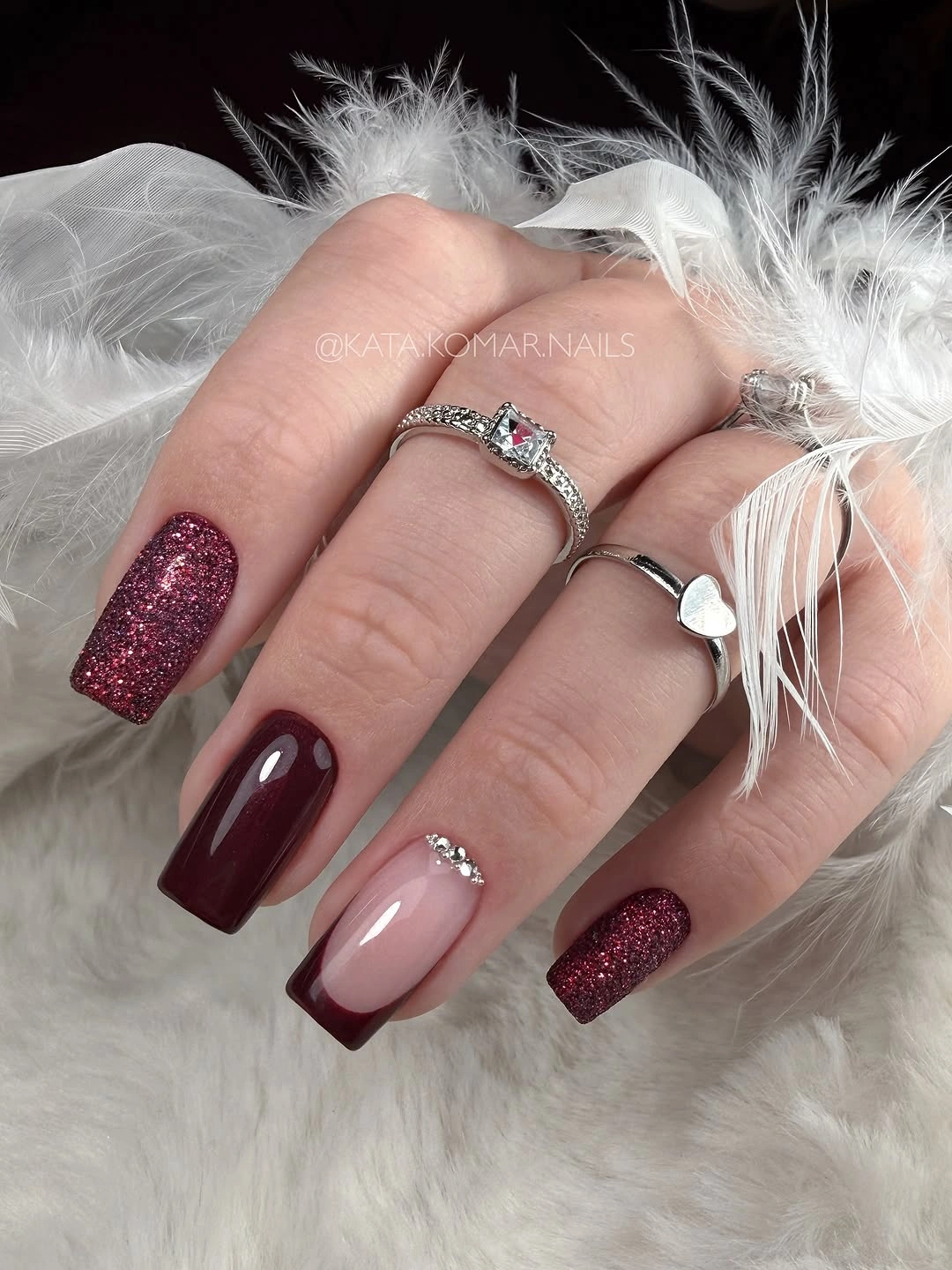 Burgundy glitter square nails with French accent
