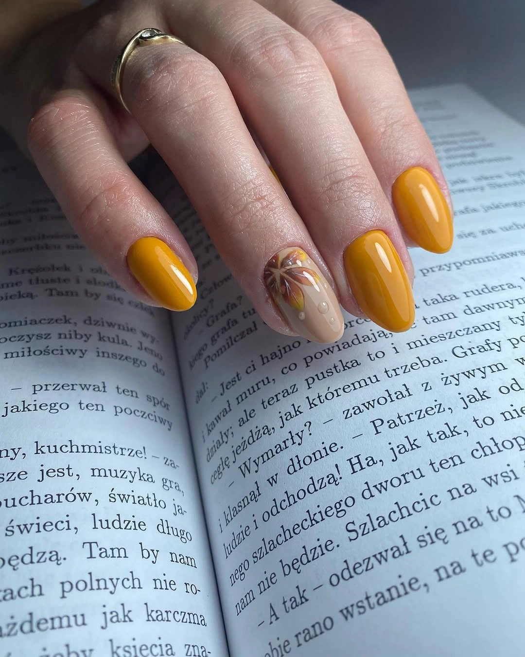 mustard yellow short almond nails