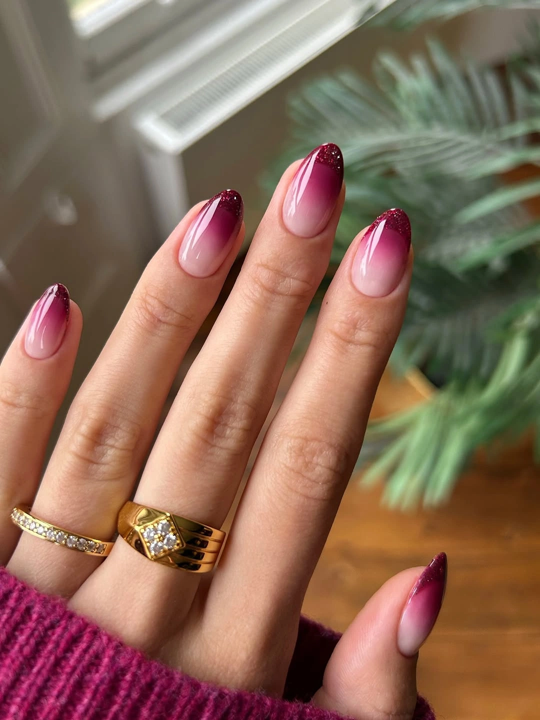 Burgundy glitter ombre almond nails
