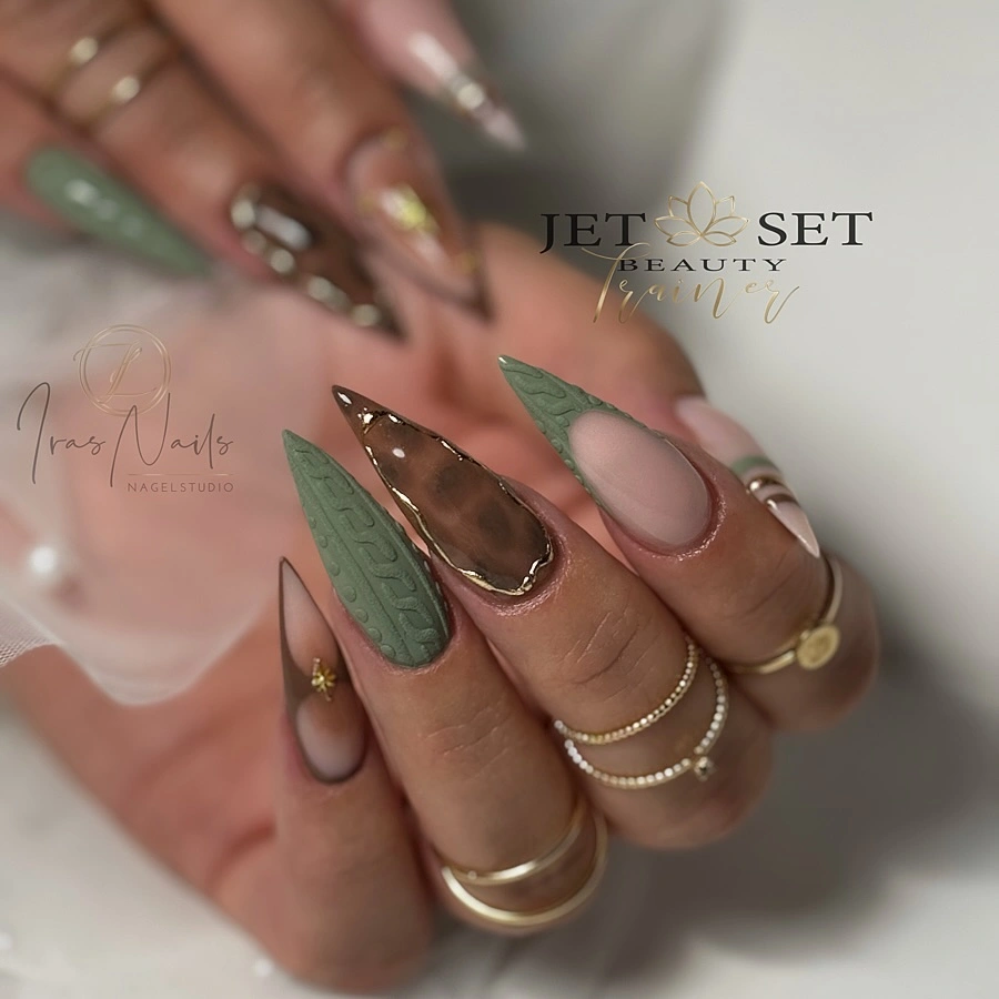 Sage textured nails with brown marbling and nude space