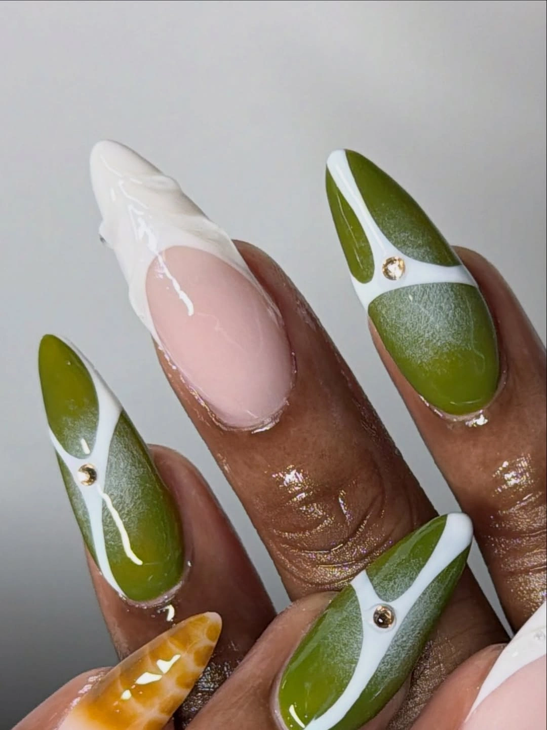 Long almond olive green and white office nail panels