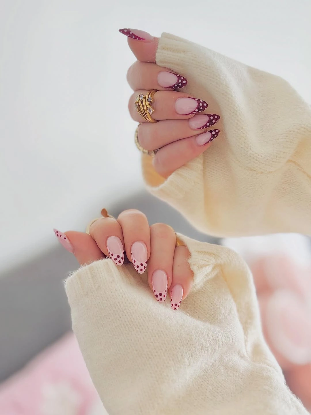 Long almond plum office nails with curved reflective line accents