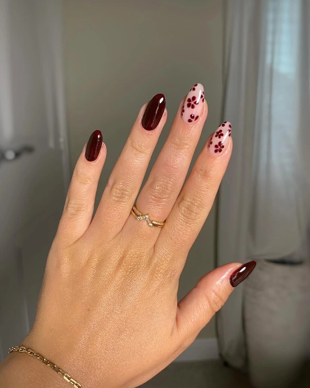 Medium almond brown office nails with blush floral accents