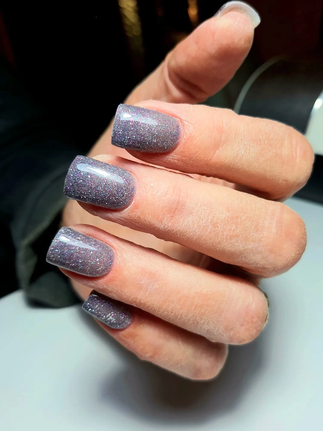 Silver lilac shimmer on medium square nails
