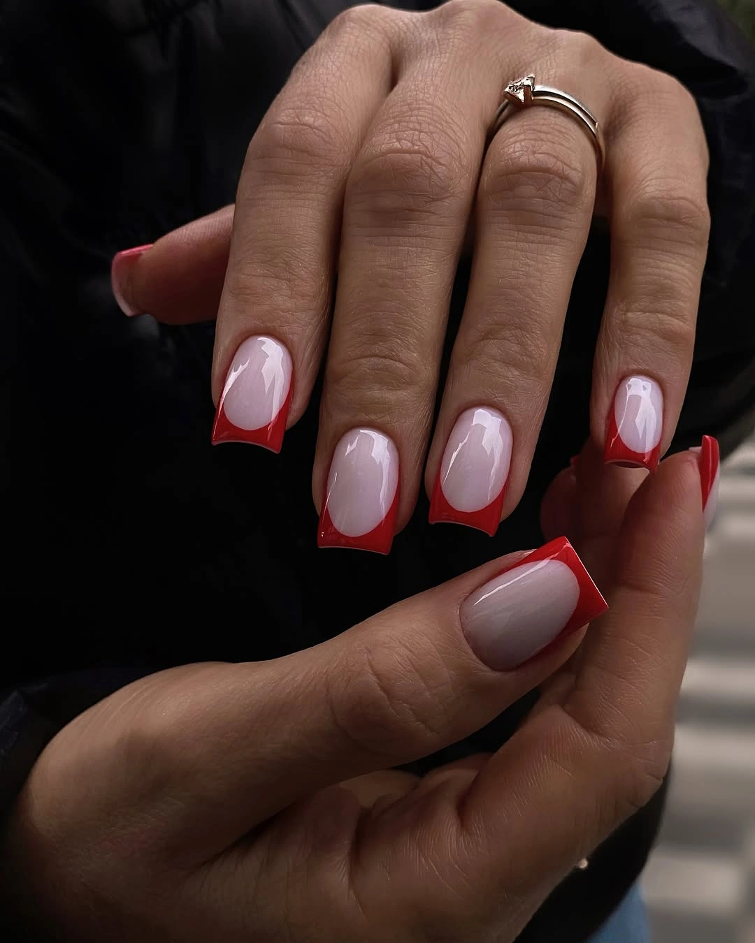 Pink square nails with deep cherry red French tips