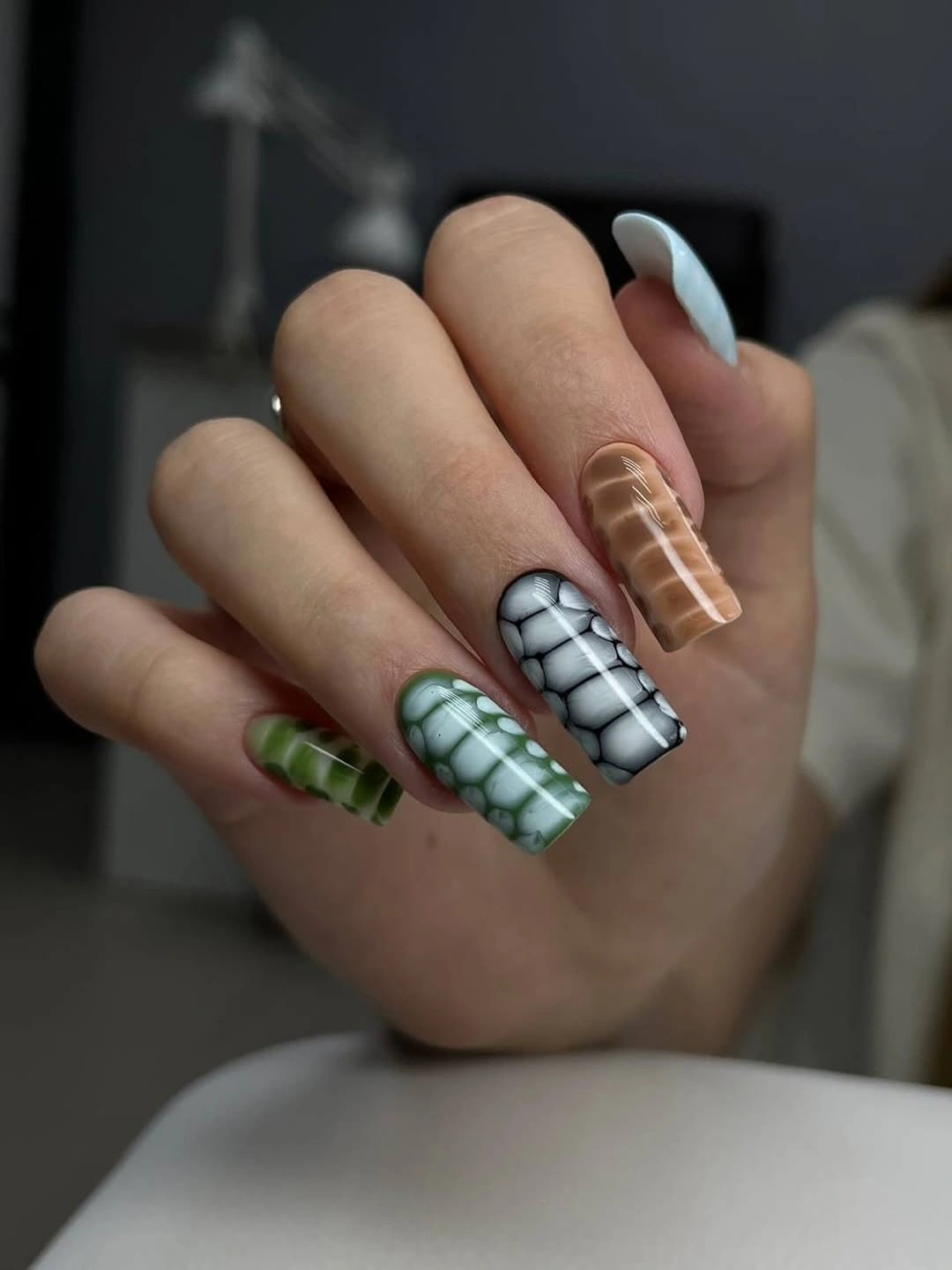 Mixed green gray white and black plaid square nails