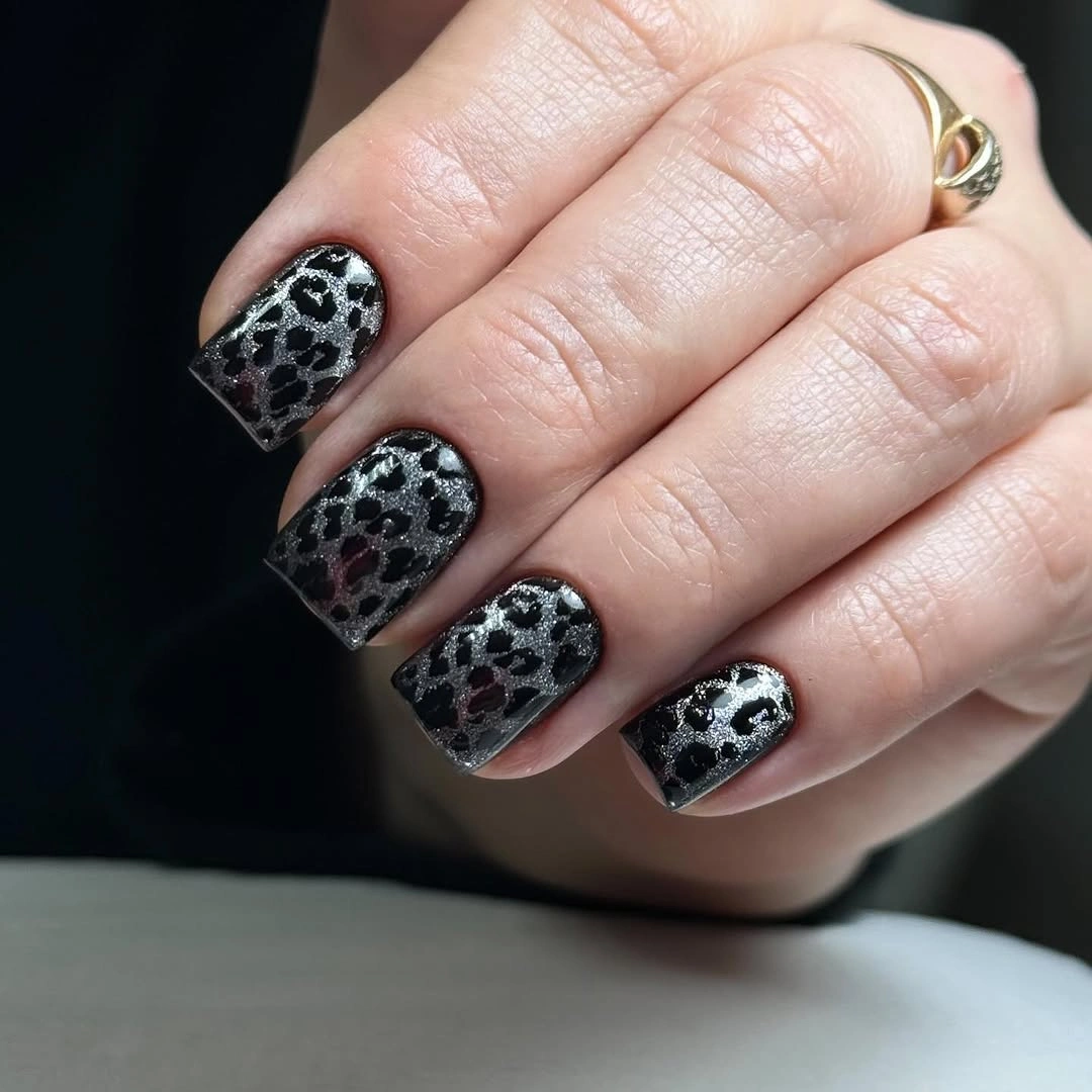 Black and white leopard print square nails