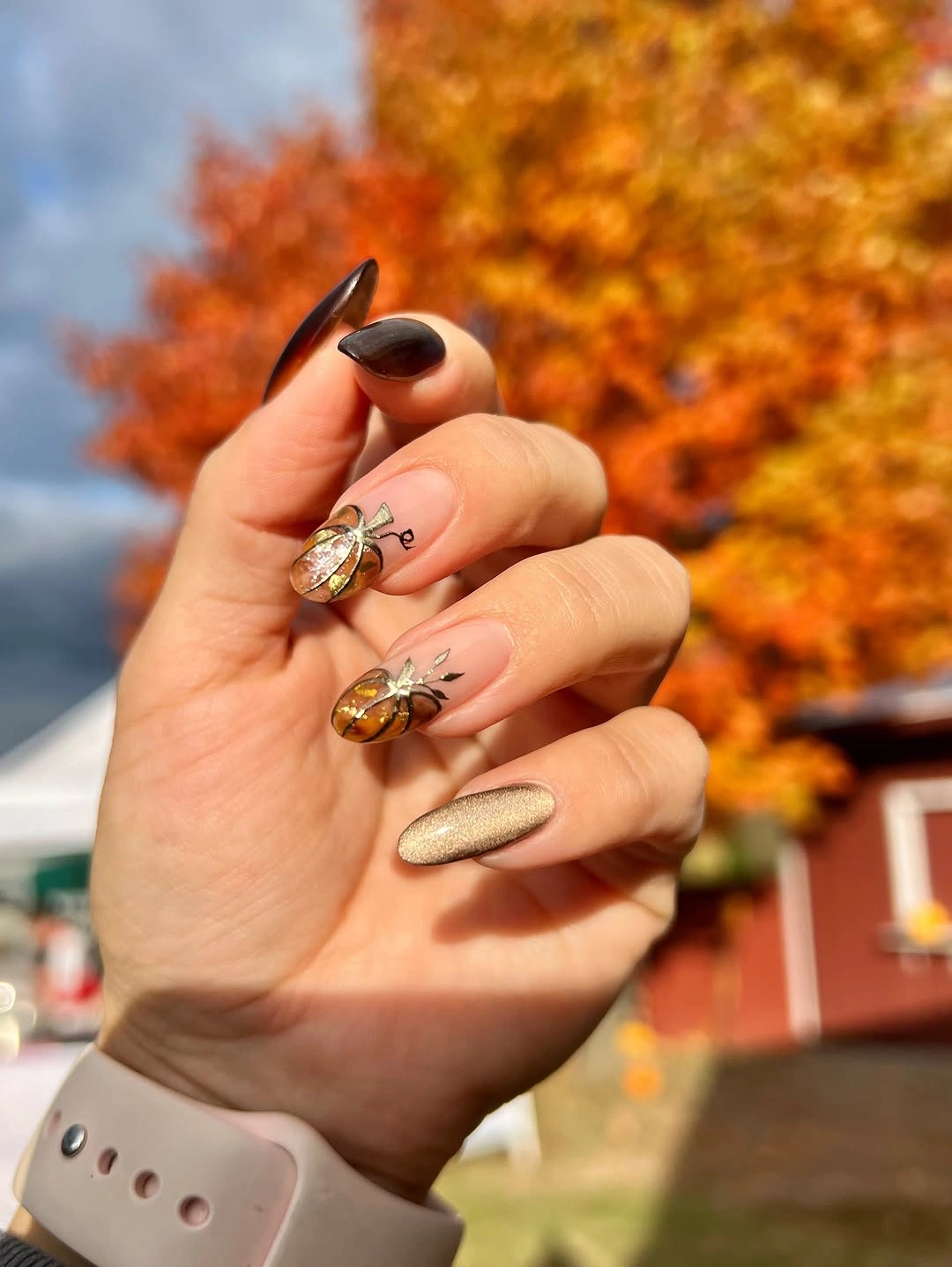 Long almond black brown and cream nails with small gold autumn ornaments