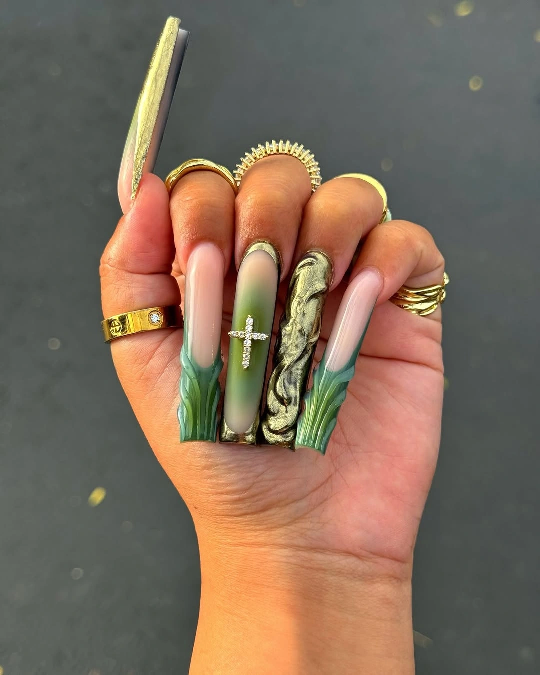 Extra-long coffin nails with green silver black marble and nude panels