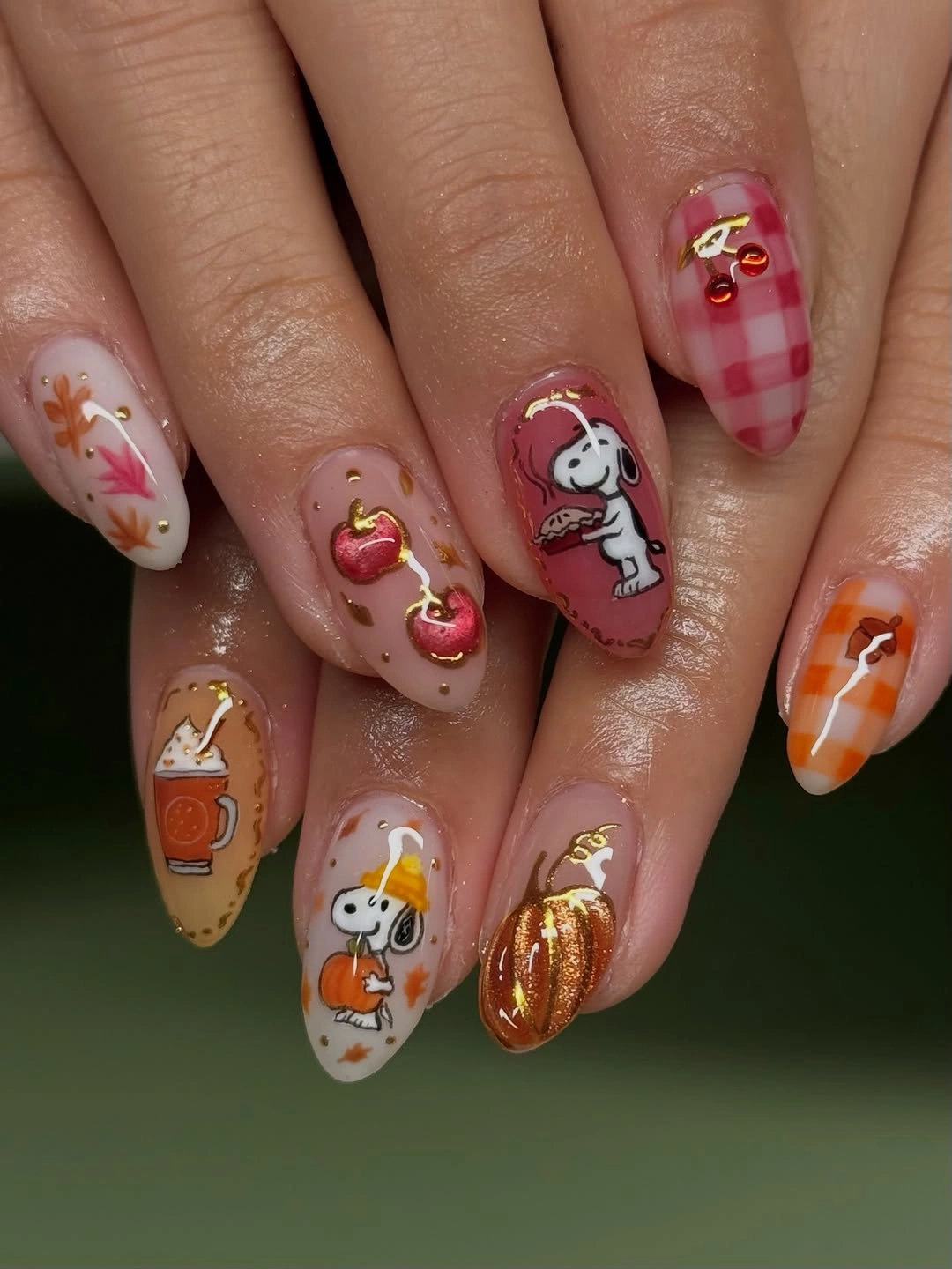 Medium coffin nails with playful pink orange red and illustrated fall details