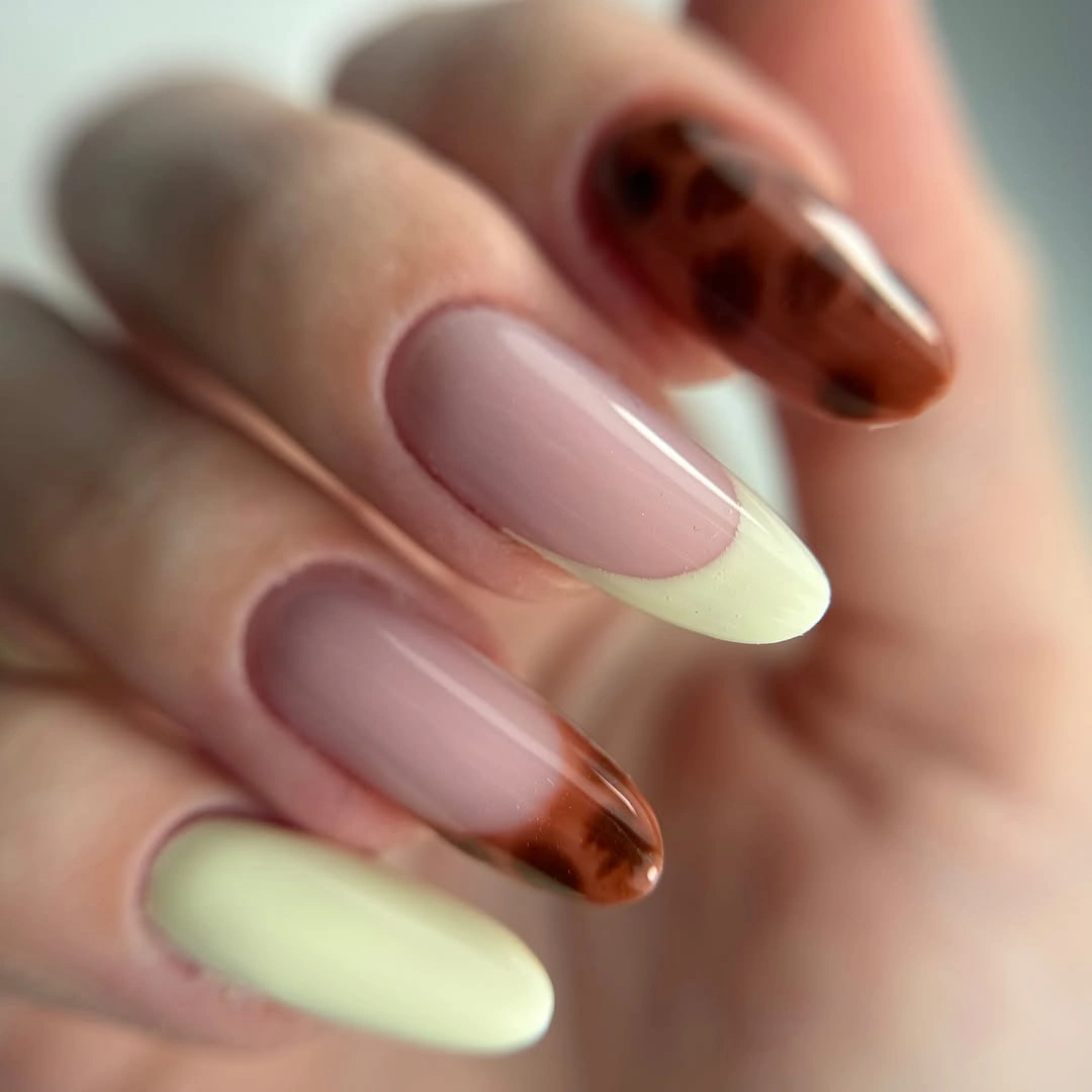 Blush almond nails with olive and chocolate French tips