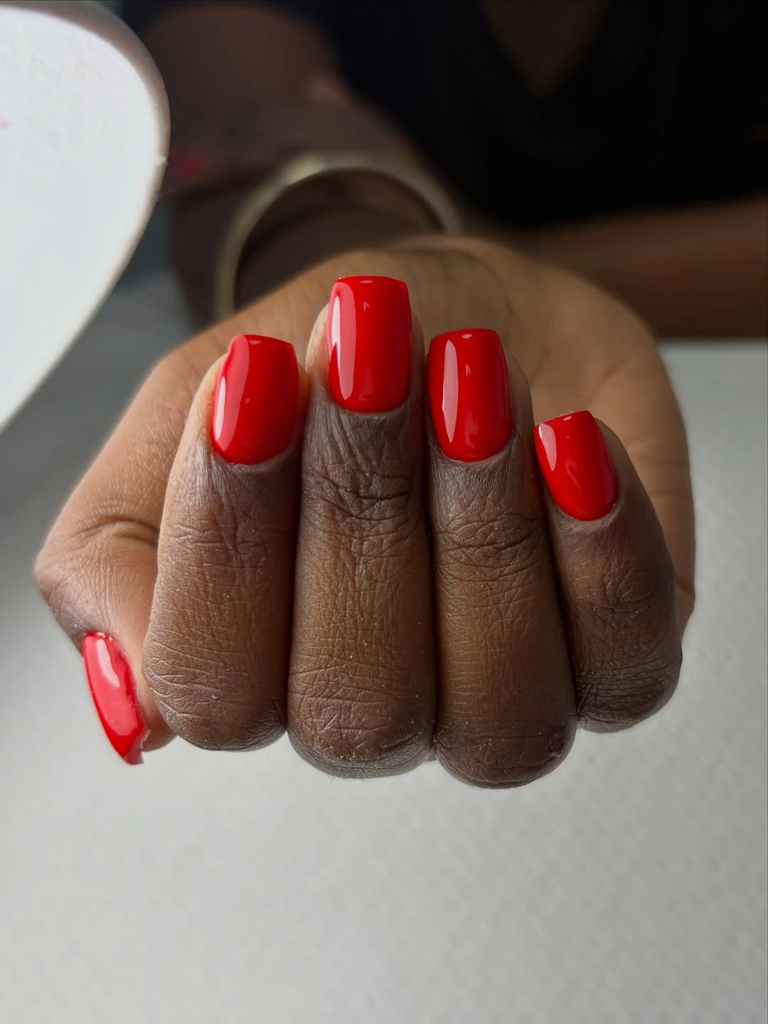 short square nails in vivid glossy red