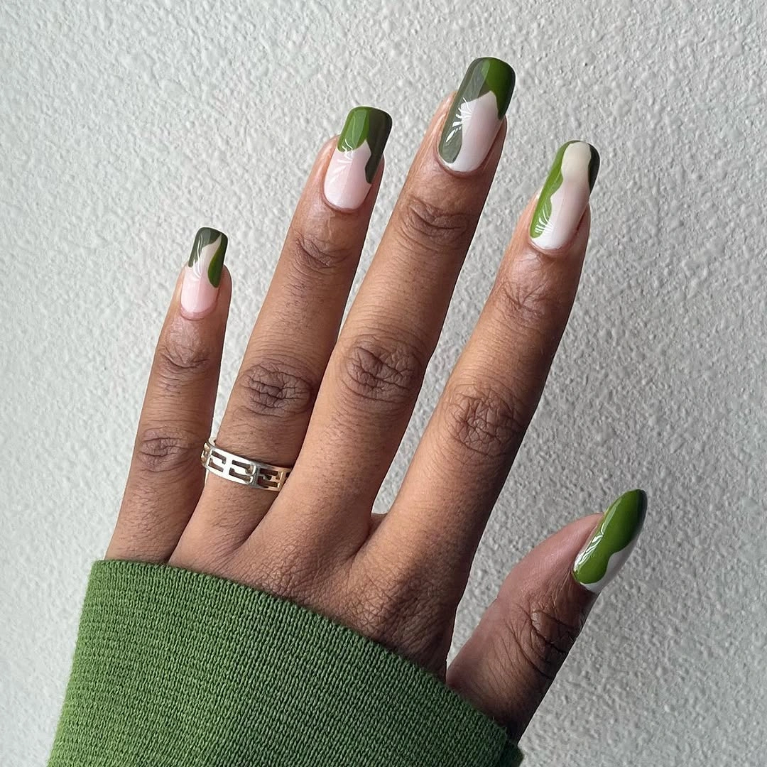 Long almond olive green nails with white curved French accents