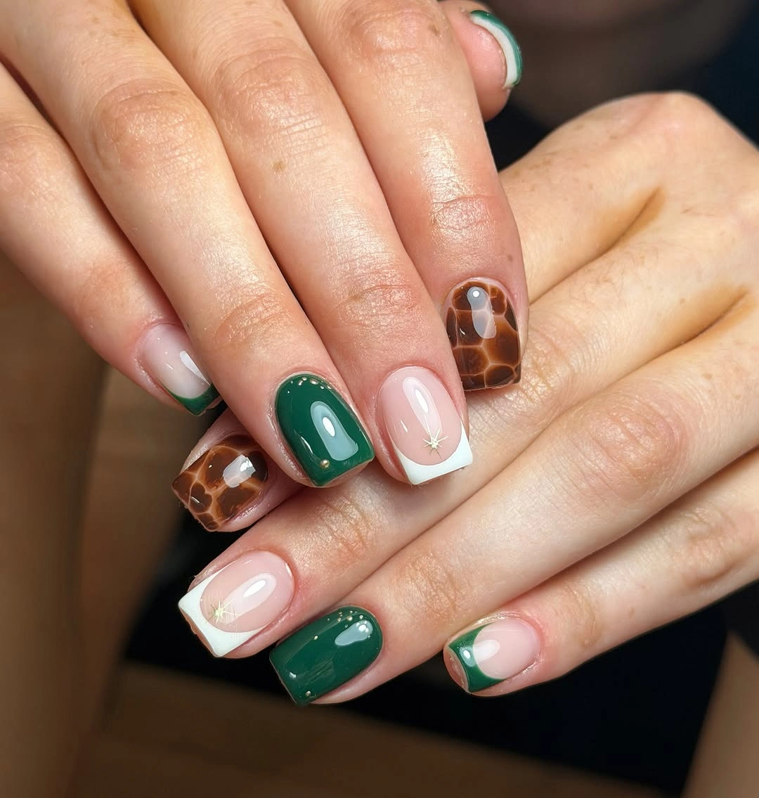 Medium square forest green pink French and tortoise tip nails