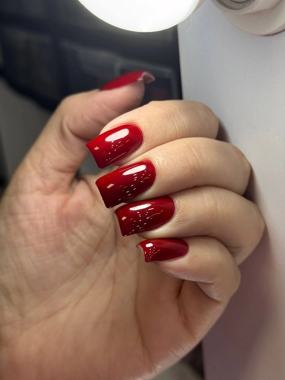 Medium square nails in clear glossy bright red solid color