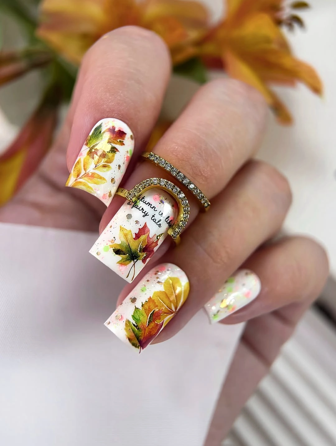 Long white square nails with yellow brown green autumn botanical art
