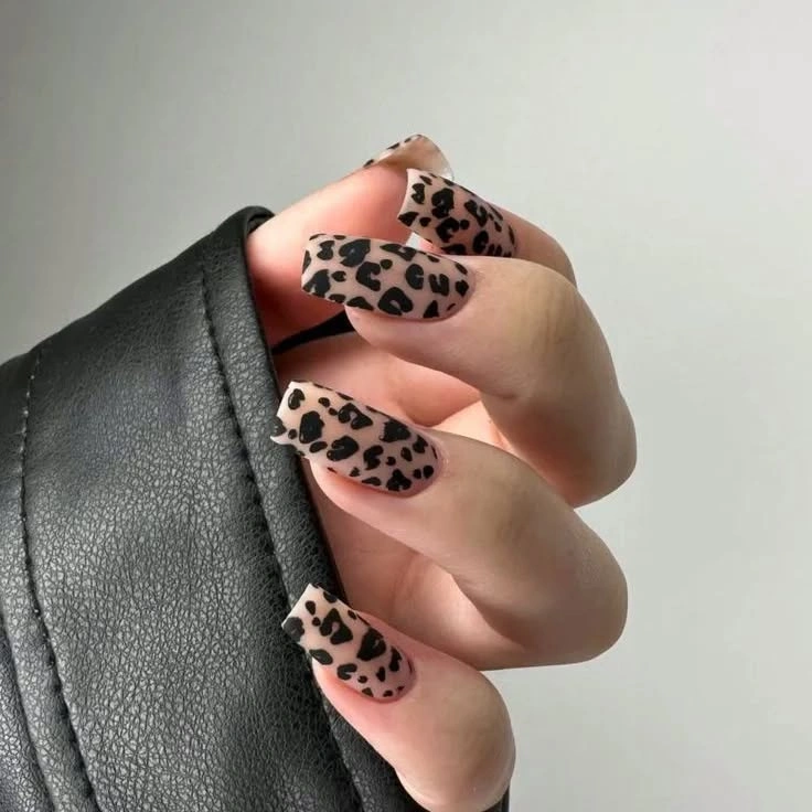Nude almond nails with all over black brown leopard spots