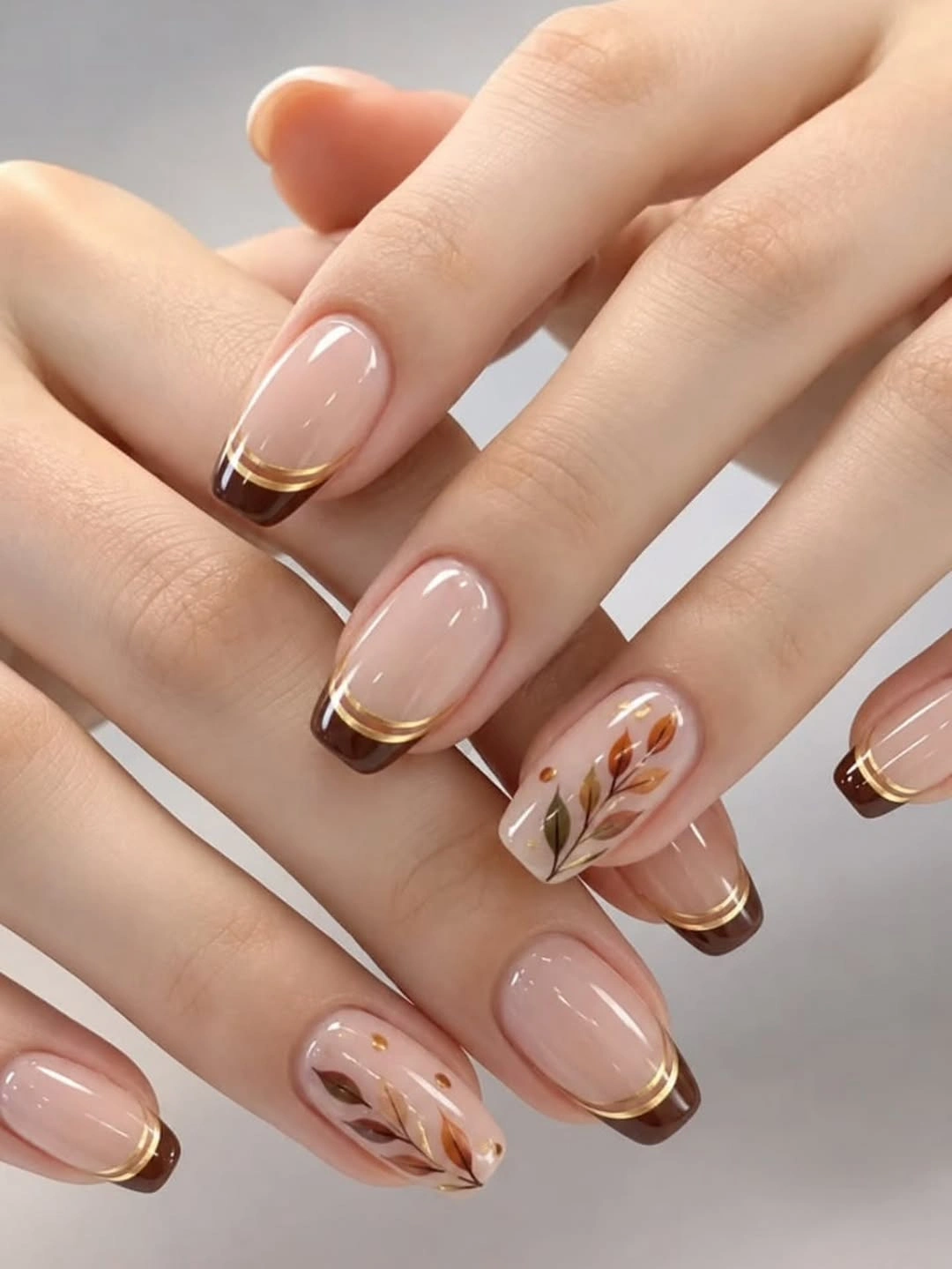Long nude almond nails with chocolate gold tips and warm florals