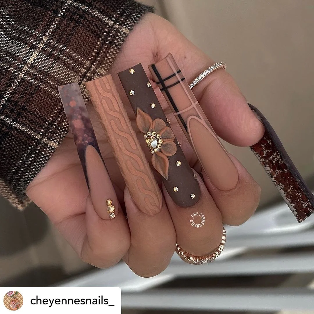 Long neutral square nails with panels lines plaid and metallic dots