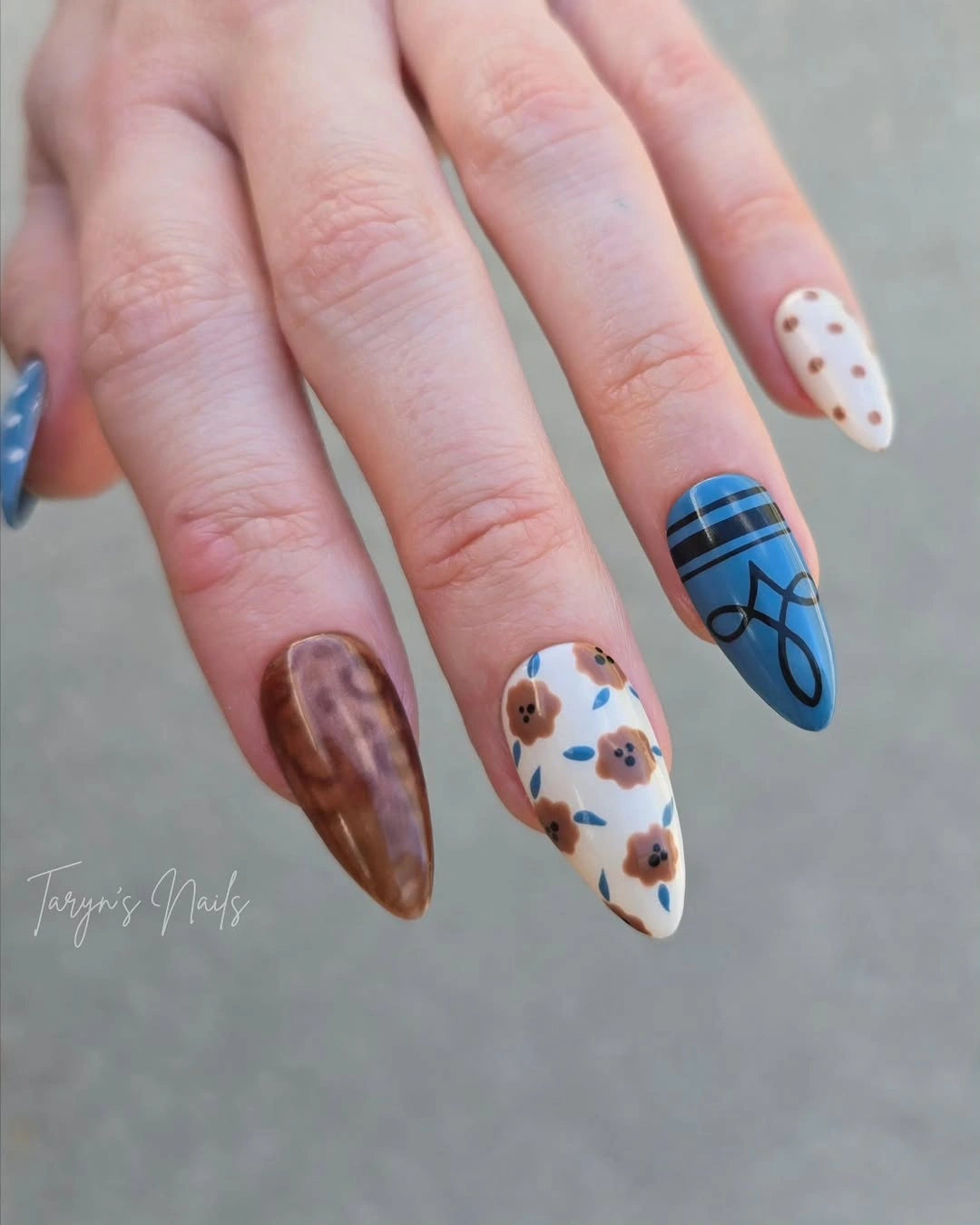 plaid floral blue almond nail designs