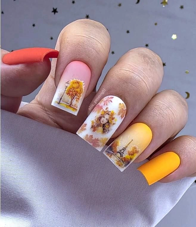 orange yellow pointed nails with floral collage
