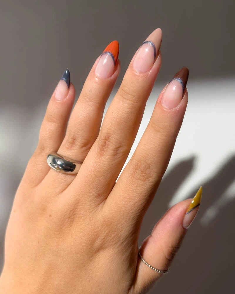 multicolor French tips on almond nails