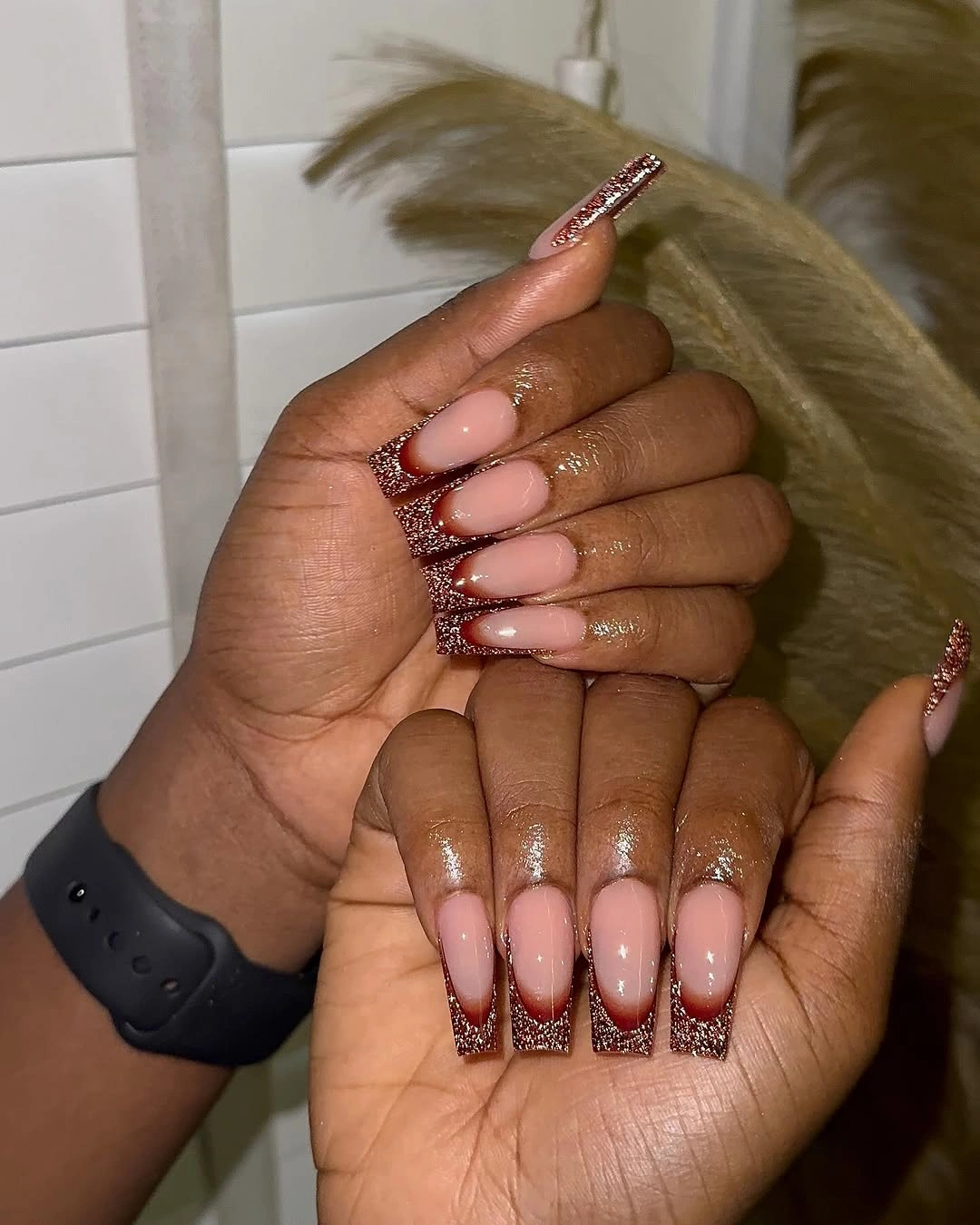 pink almond nails with red glitter tips
