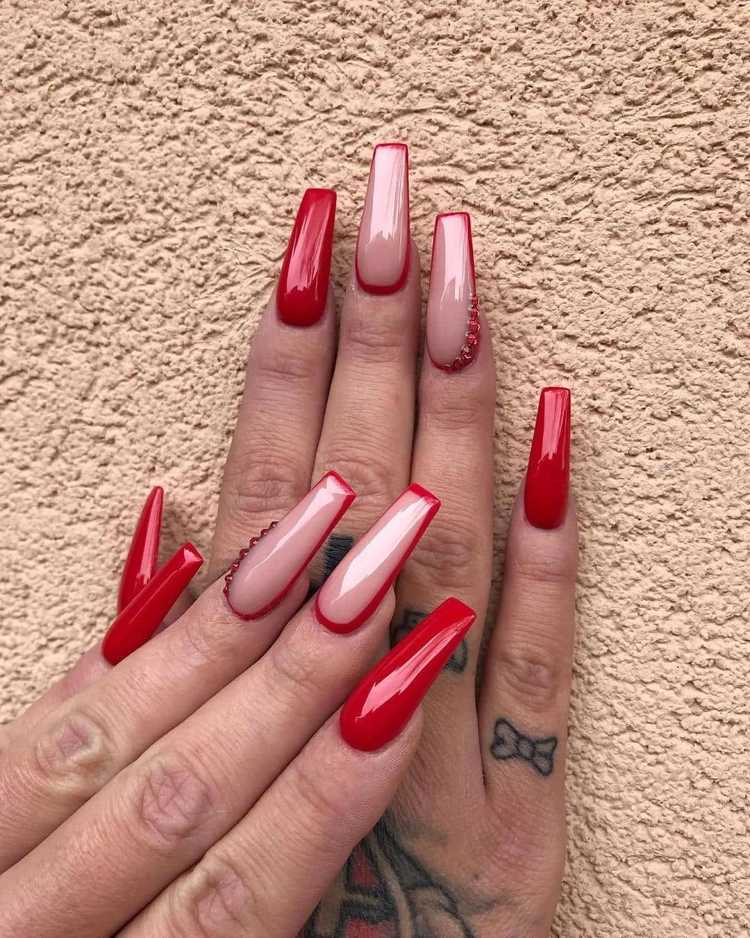 Red framed coffin nails with nude panels