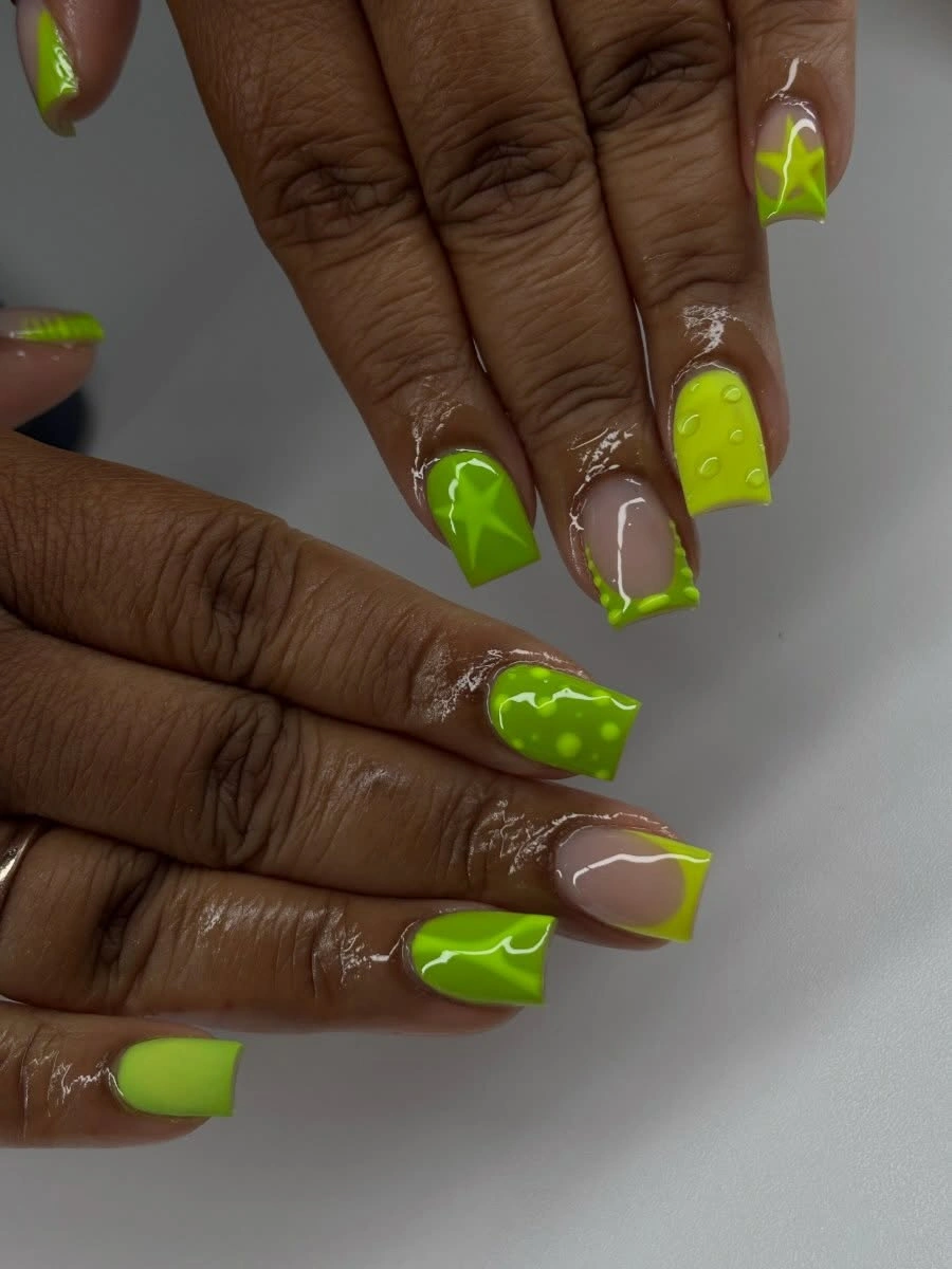 short dark nude coffin nails with neon lime accents