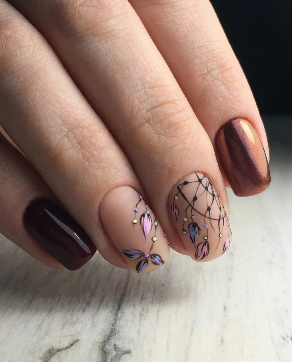 Burgundy square nails with delicate botanical accents