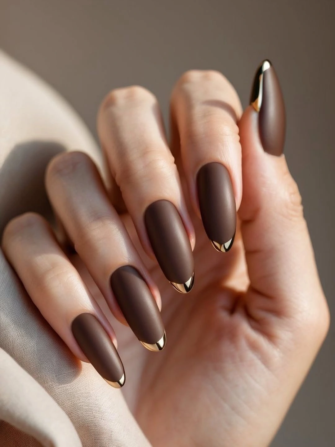 Medium almond wedding nails in a velvety matte cocoa brown shade