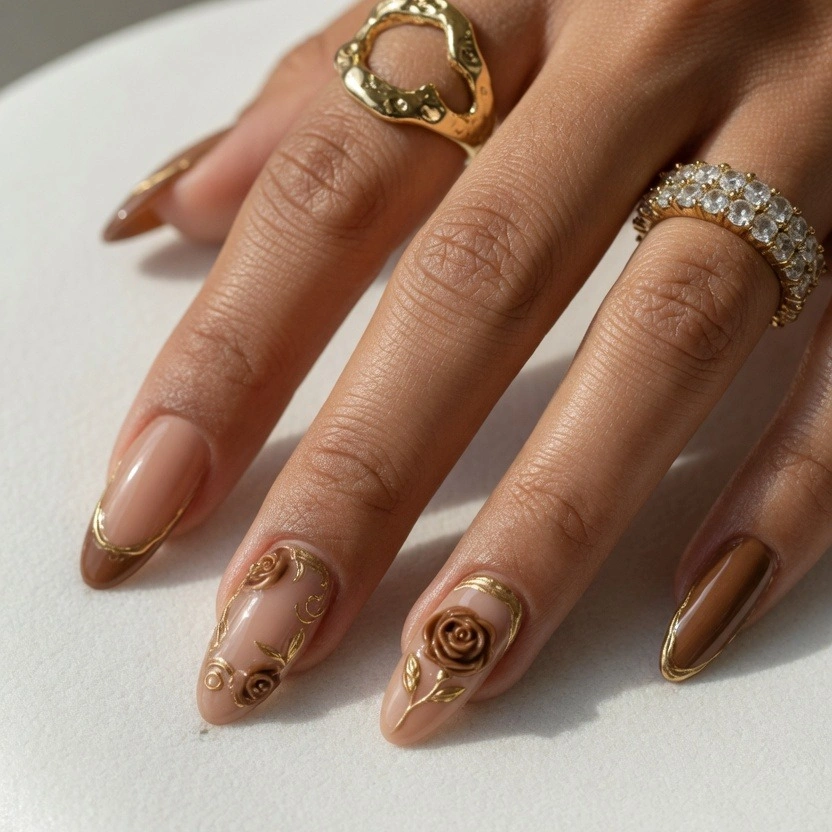 Warm nude almond wedding nails with sculptural gold swirls and jewelry accents